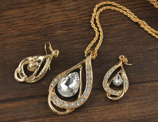 Double Drop Crystal Necklace and Earrings Set for Women, Valdore