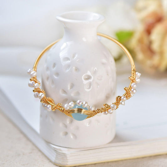Gold Plated Pearl Wire Braided Vintage Cuff Bracelet Women, Valdore