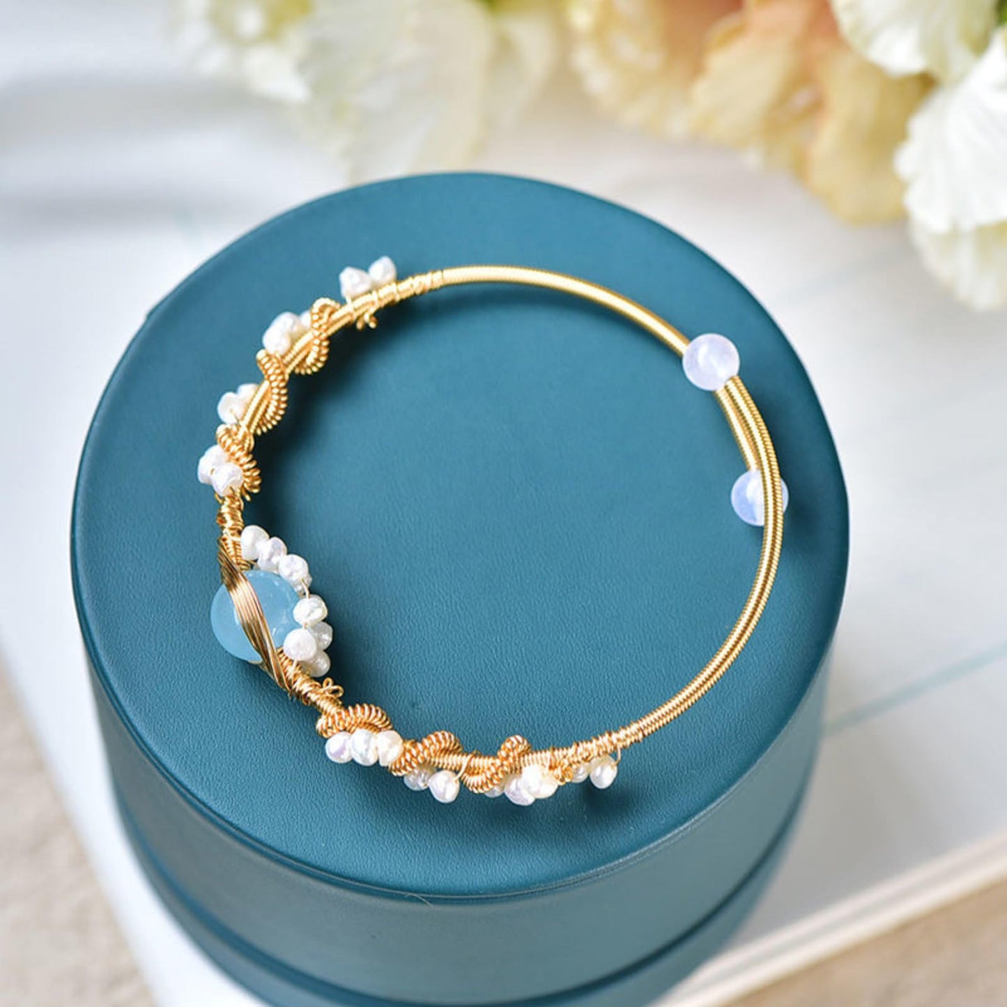 Gold Plated Pearl Wire Braided Vintage Cuff Bracelet Women, Valdore