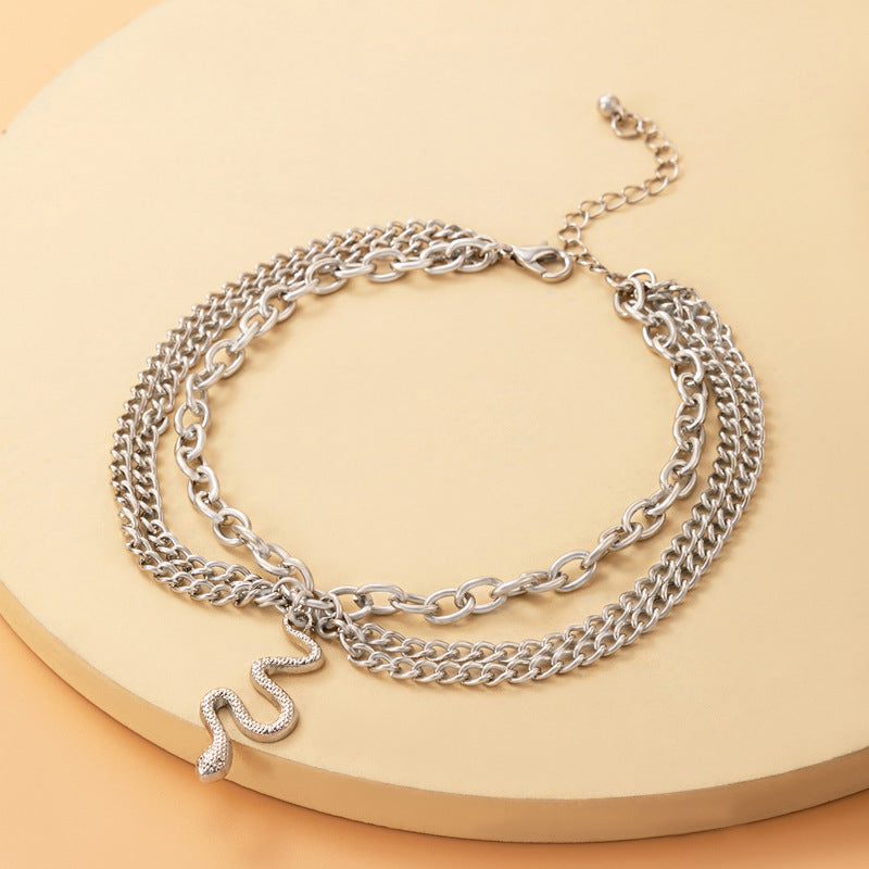 Gold Heart Tassel Snake Three Layer Anklet for Women, Valdore