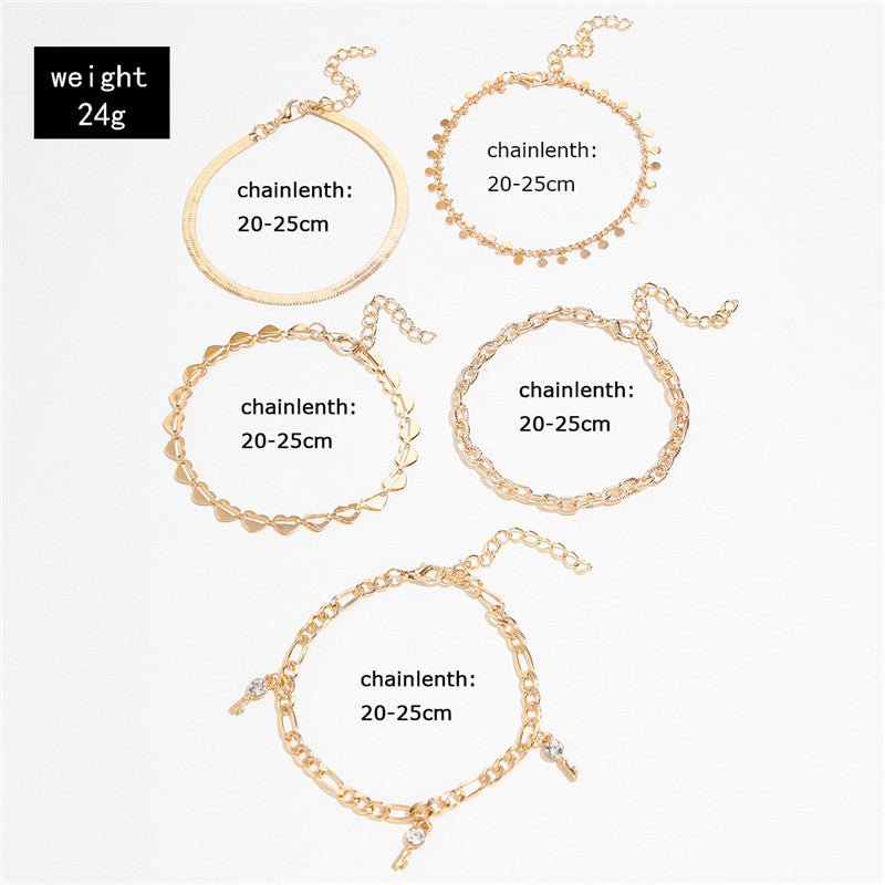 5 Piece Gold Heart Crystal Key Anklet Set for Women, Valdore