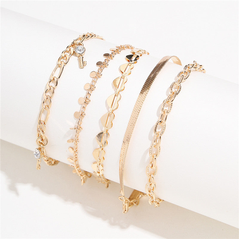 5 Piece Gold Heart Crystal Key Anklet Set for Women, Valdore