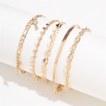 5 Piece Gold Heart Crystal Key Anklet Set for Women, Valdore
