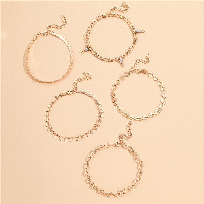 5 Piece Gold Heart Crystal Key Anklet Set for Women, Valdore