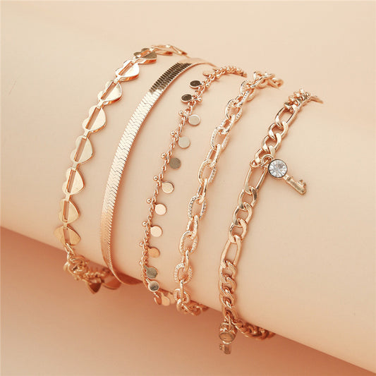 5 Piece Gold Heart Crystal Key Anklet Set for Women, Valdore