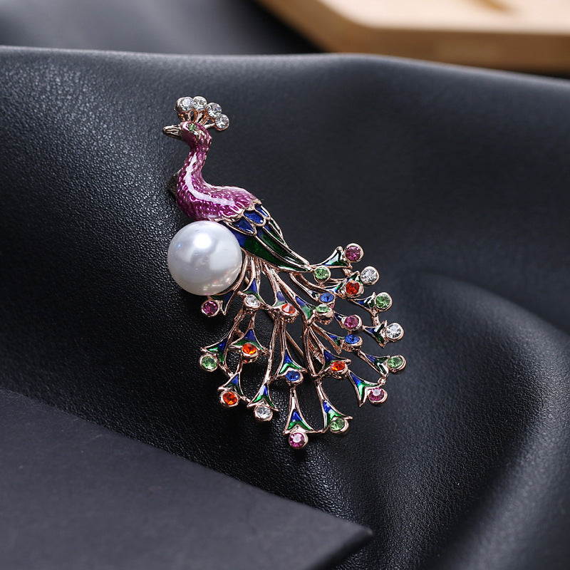 New Peacock Brooch Female Animal Enamel Color Dripping Rhinestone Brooch, Valdore