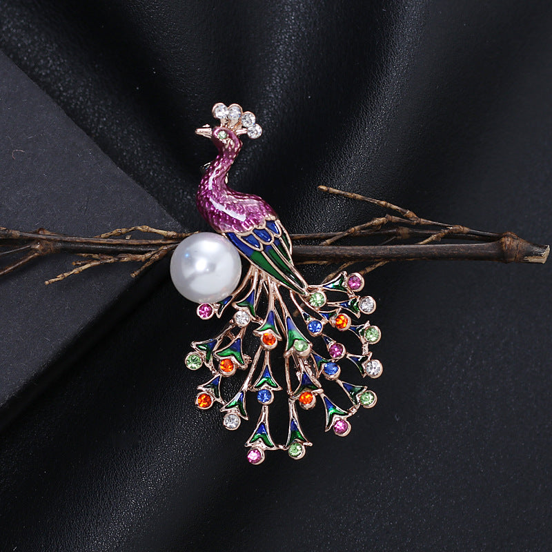 New Peacock Brooch Female Animal Enamel Color Dripping Rhinestone Brooch, Valdore