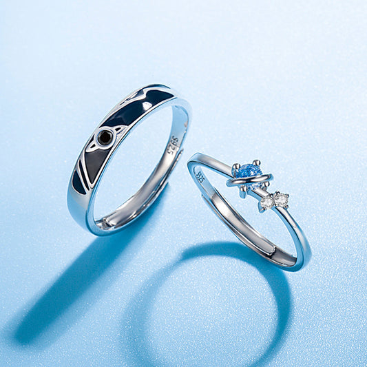 Dream Planet Couple Rings Set, Silver Crystal Promise Rings for Men and Women,  Valdore