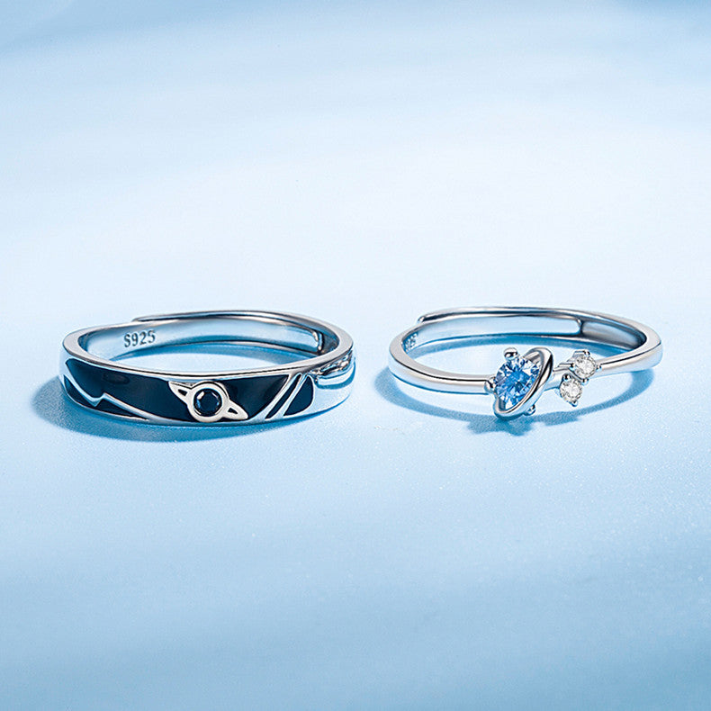 Dream Planet Couple Rings Set, Silver Crystal Promise Rings for Men and Women,  Valdore