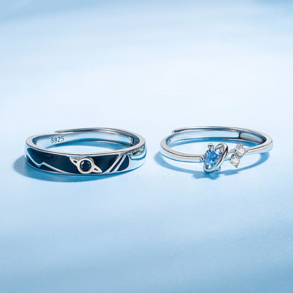 Dream Planet Couple Rings Set, Silver Crystal Promise Rings for Men and Women,  Valdore