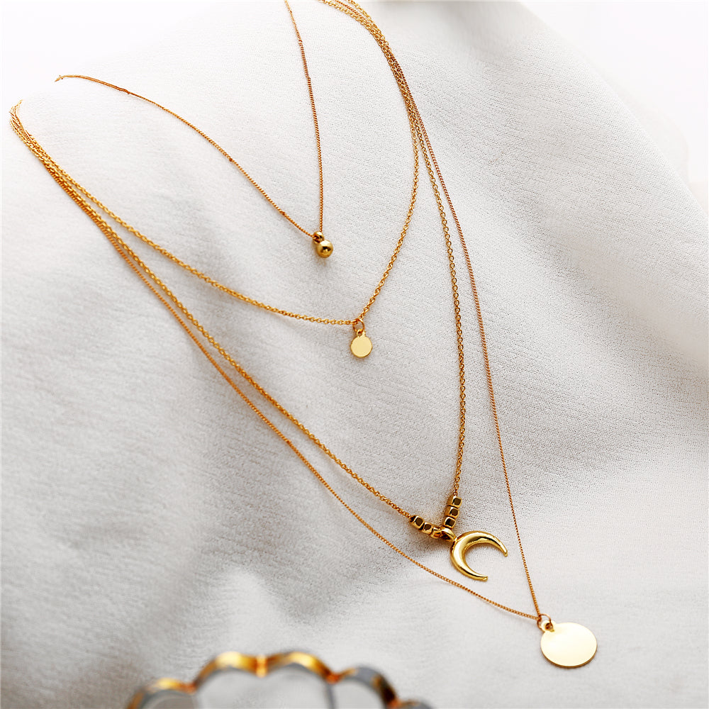 Multi Layer Boho Moon Pendant Wafer Necklace for Women, Valdore