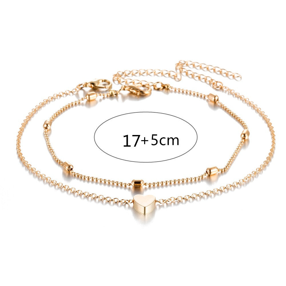Double Layer Retro Ball Chain Heart Anklet for Women, Valdore