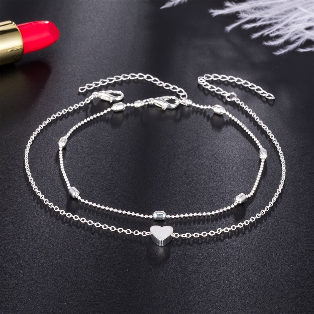 Double Layer Retro Ball Chain Heart Anklet for Women, Valdore
