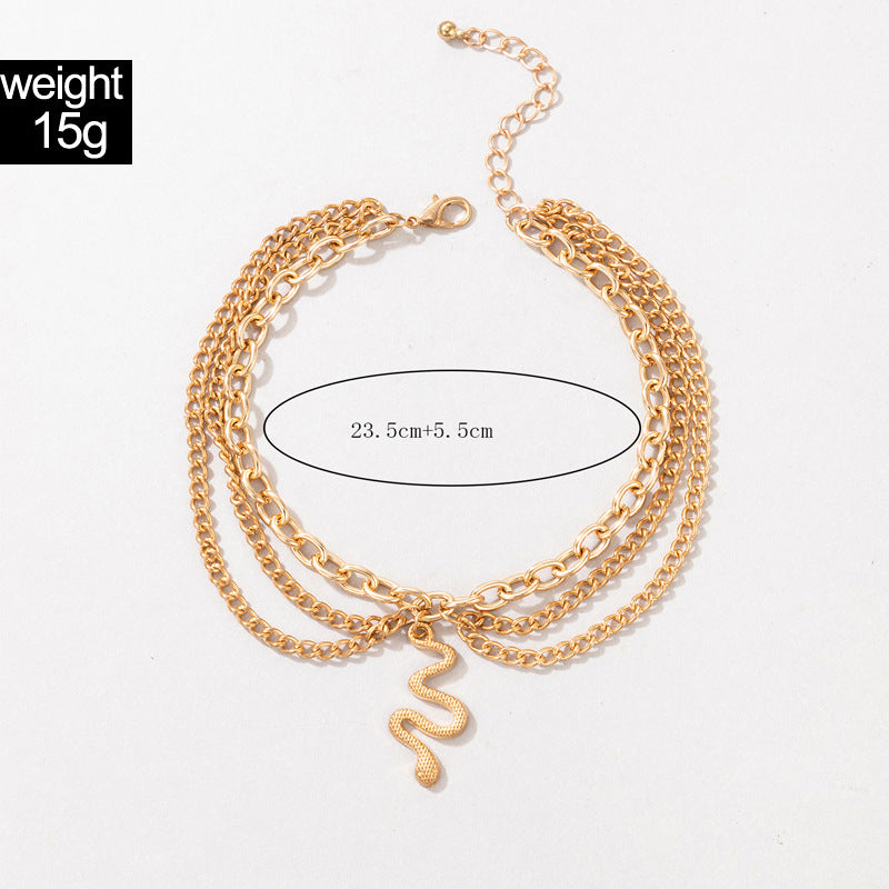Gold Heart Tassel Snake Three Layer Anklet for Women, Valdore