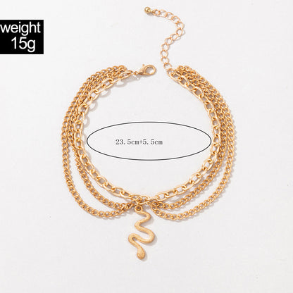 Gold Heart Tassel Snake Three Layer Anklet for Women, Valdore