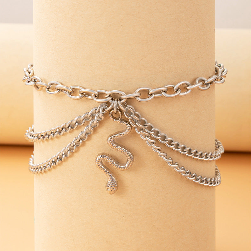 Gold Heart Tassel Snake Three Layer Anklet for Women, Valdore