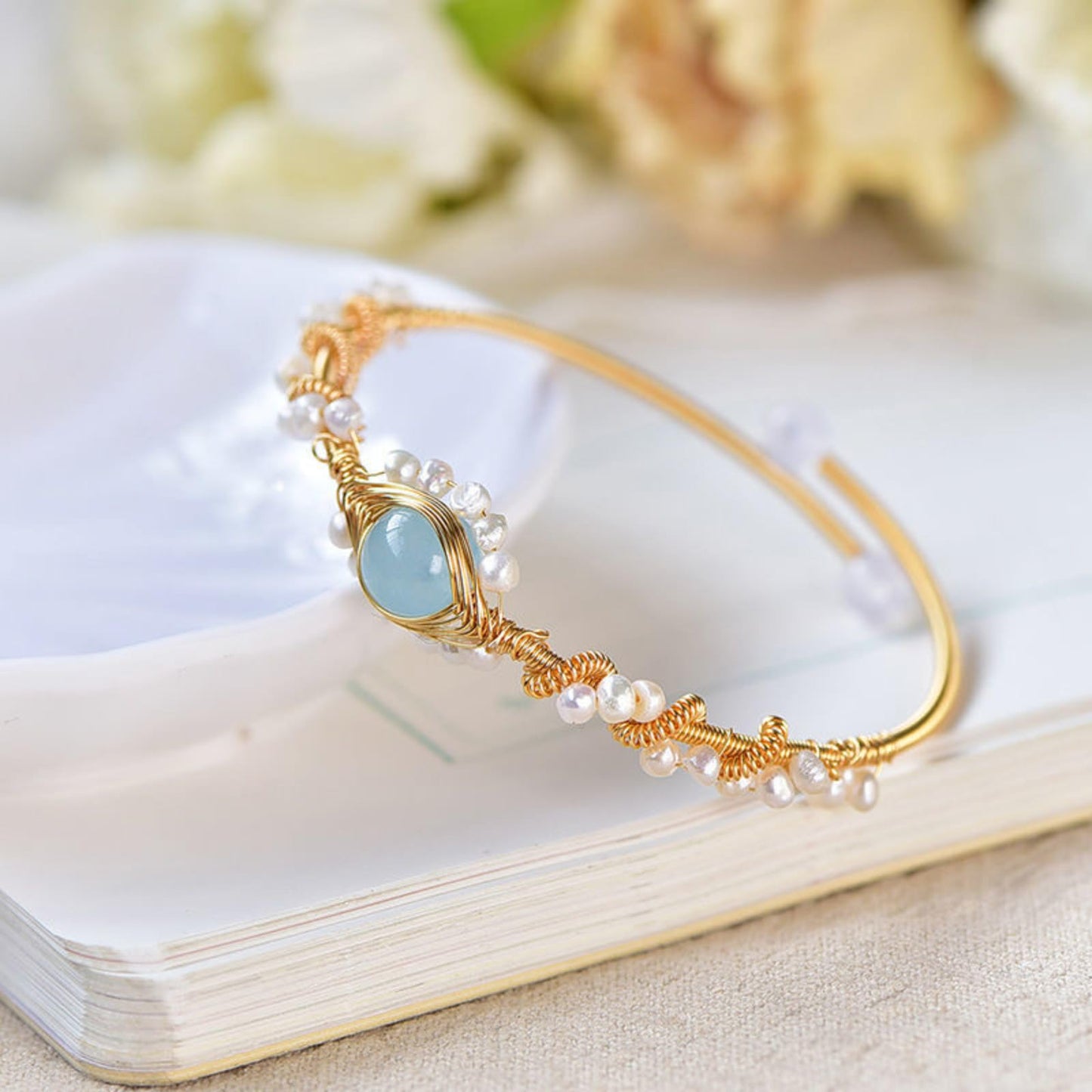 Gold Plated Pearl Wire Braided Vintage Cuff Bracelet Women, Valdore