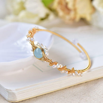 Gold Plated Pearl Wire Braided Vintage Cuff Bracelet Women, Valdore