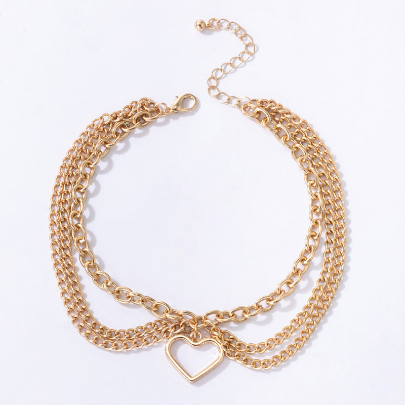 Gold Heart Tassel Snake Three Layer Anklet for Women, Valdore