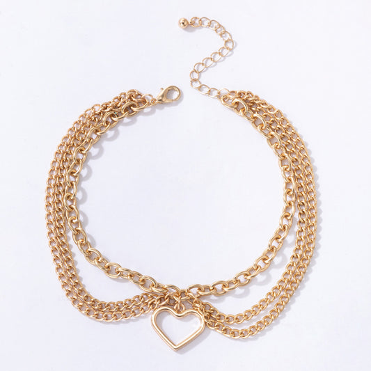 Gold Heart Tassel Snake Three Layer Anklet for Women, Valdore