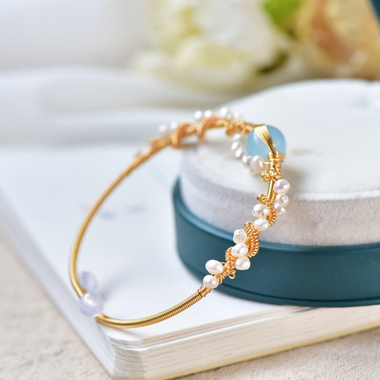 Gold Plated Pearl Wire Braided Vintage Cuff Bracelet Women, Valdore